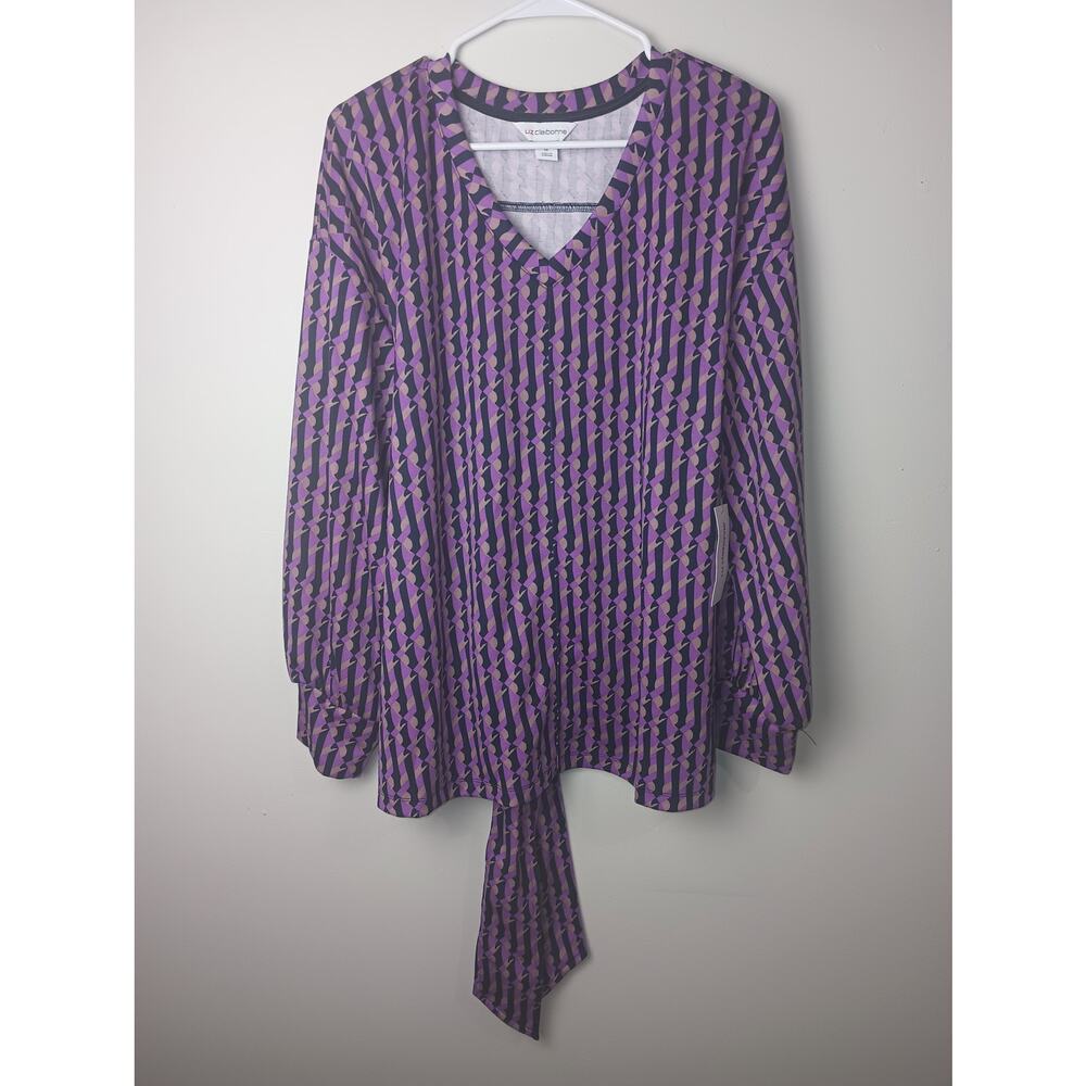 Liz Claiborne Purple Striped V Neck Long sleeve Top Tie Front‎ NWT Women 1X Gift